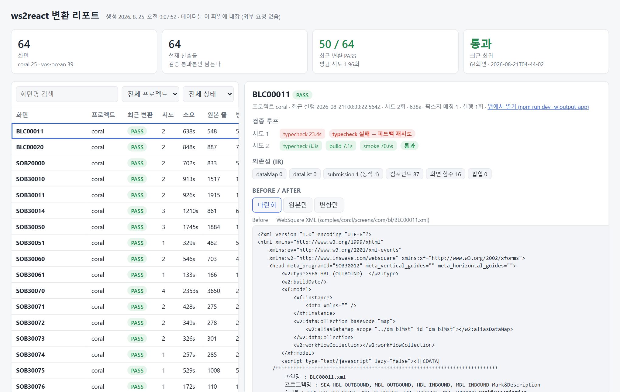 ws2react 변환 리포트 뷰어 — 화면별 시도 횟수·검증 단계·비용